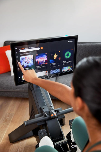 Aviron Strong Series Rower: 22″ HD Touchscreen, Dual Air & Magnetic Resistance up to 100 lbs. Game-Based Workouts, Streaming, Compact Design
