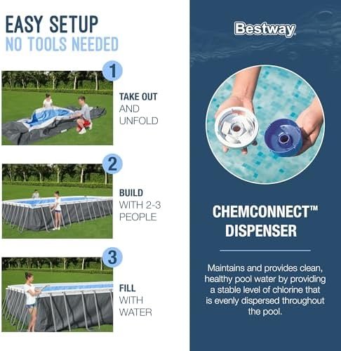 Bestway Power Steel 18′ x 9′ x 48″ Rectangular Metal Frame Above Ground Outdoor Swimming Pool Set with 1,500 GPH Filter Pump, Ladder, and Pool Cover