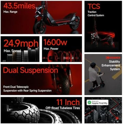 Segway ZT3 Pro Electric Scooter, Up to 24.9 MPH, 43.5-Mile Range, Dual Suspension, Flash Charge, 1600W Peak Motor, Off-Road Scooter for Adults UL Certified (UL2272/2271)